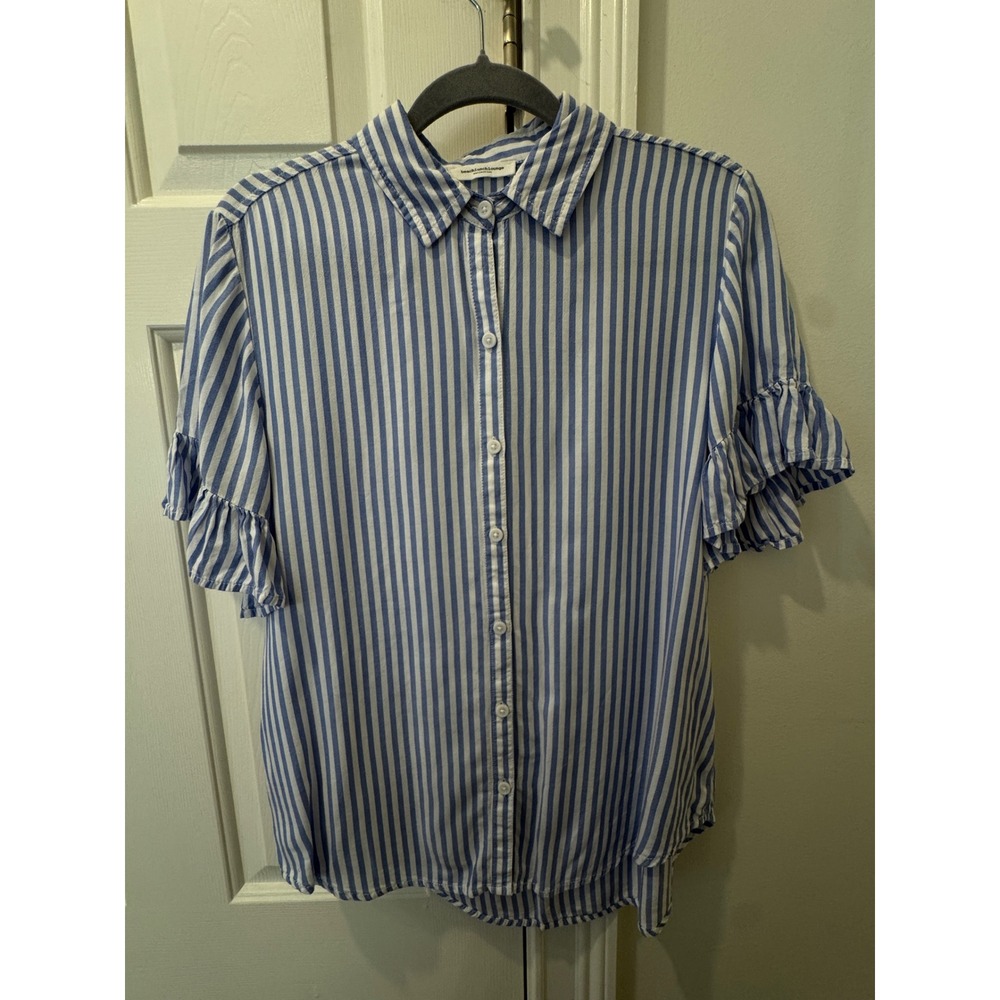 Beachlunchlounge Blue White Striped Ruffle Sleeve Button Down Shirt Rayon Tencel
